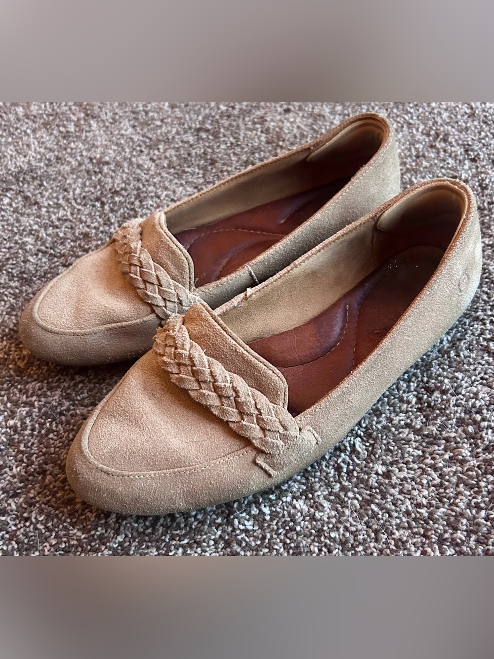 Women's Size 6.5 Suede Braided Taupe Office Penny Loafers - Picture 2 of 7